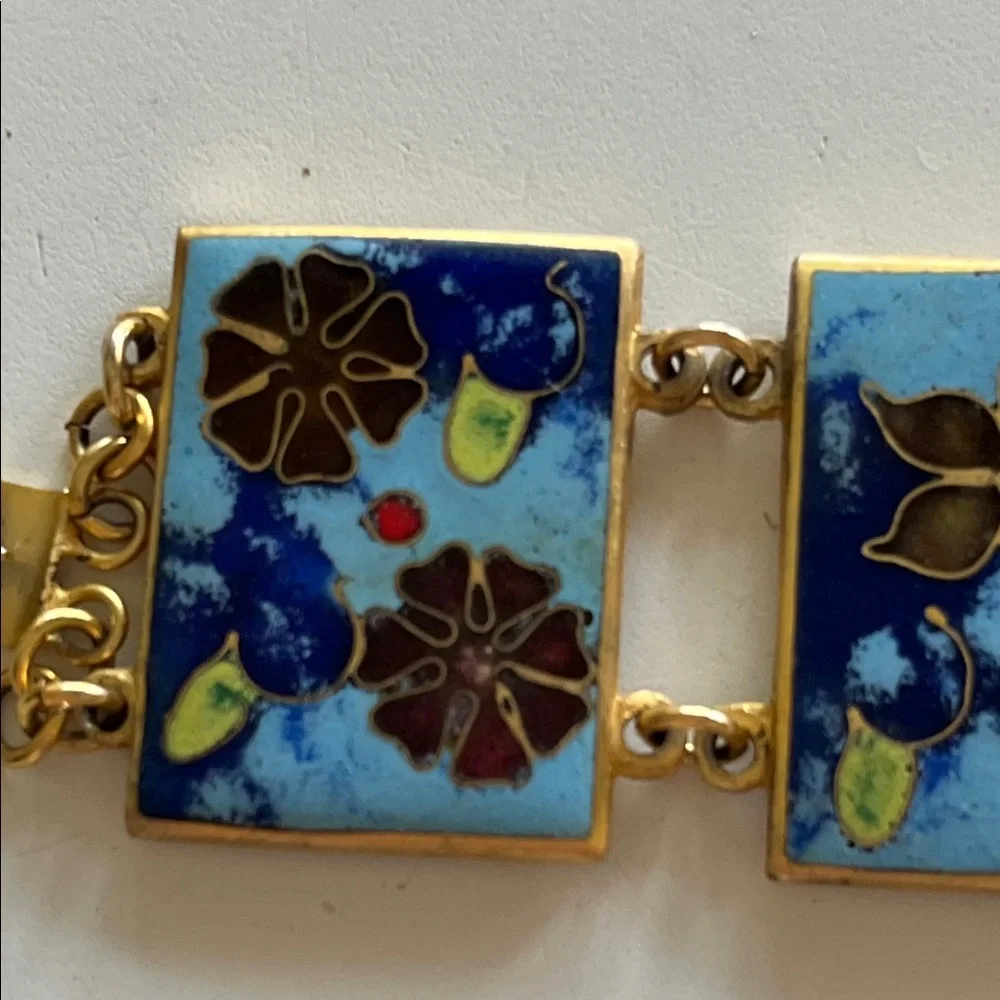 Vintage panel enamel cloisonné turquoise blue gold bracelet - Picture 8 of 17